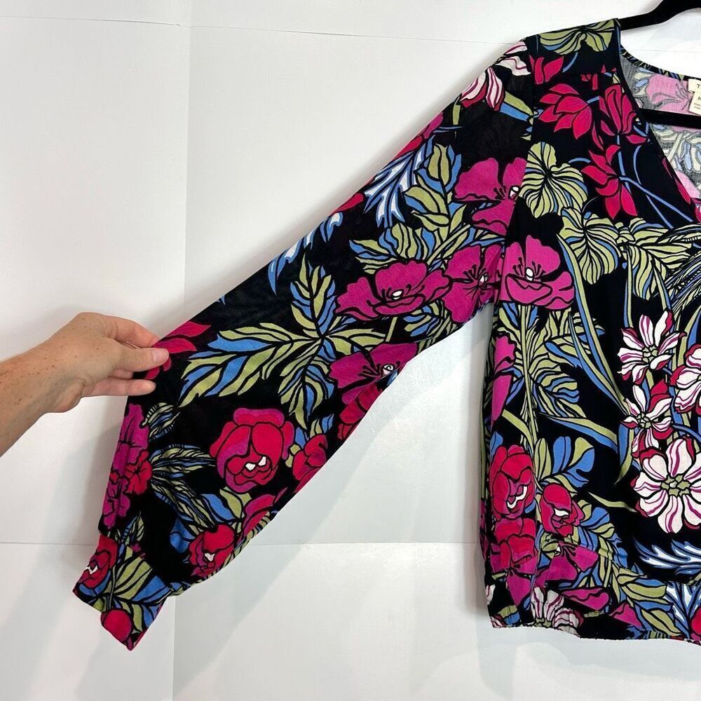 Anthropologie Dark Floral Wrap Blouse with Red and Pink Blooms - Picture 8 of 15